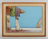 James McGavin Greig, The Fruit Boat’: North African scene with figure by the sea, watercolour and bodycolour