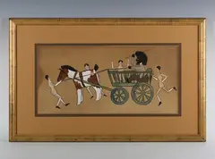 Florence K. Upton, Children’s illustration depicting wooden dolls and a golli driving a wooden horse and cart, watercolour and gouache