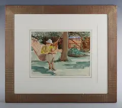Harry Watson, Garden scene with a lady reading in a hammock, watercolour