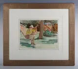 Harry Watson, Garden scene with a lady reading in a hammock, watercolour
