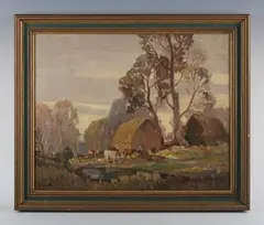 William Josiah Redworth, Landscape with cattle before a haystack, oil on board
