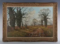 James Wright, Winter landscape with figure, dog and poultry, oil on canvas