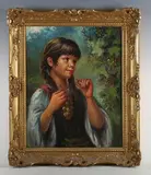Giovanni Madonini, Young girl picking grapes, oil on canvas