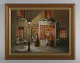Deborah Jones, Mrs Purvis - Confectionary’: street scene with shopfront, oil on board