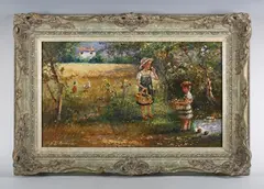 Paul J. Attfield, Girl with Basket’: children gathering flowers, oil on board