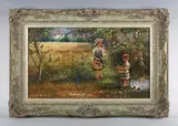 Paul J. Attfield, Girl with Basket’: children gathering flowers, oil on board