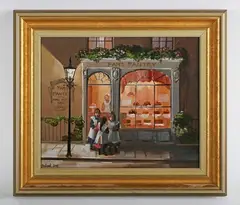 Deborah Jones, Pam’s Pantry’: street scene with shopfront, oil on board