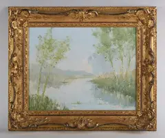 Alan J. Bowyer, Wooded river scene, 1983, oil on board