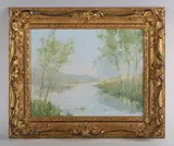 Alan J. Bowyer, Wooded river scene, 1983, oil on board