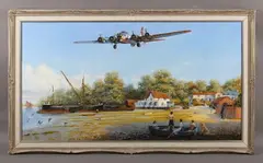 Bill Perring, Flying Fortress over Pin Mill, River Orwell, Suffolk, oil on canvas