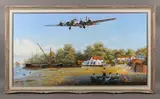 Bill Perring, Flying Fortress over Pin Mill, River Orwell, Suffolk, oil on canvas