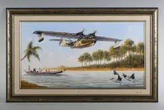 Bill Perring, Catalina flying boat over a waterway, oil on canvas