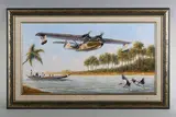Bill Perring, Catalina flying boat over a waterway, oil on canvas