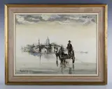 Jorge Aguilar-Agon, Horse and cart with figures crossing a causeway to a town, oil on canvas
