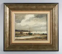 Robert Mogisse, Beach scene with figures and beached boats, oil on canvas
