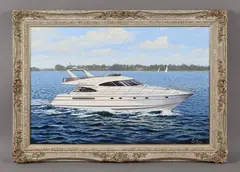 Edward Hersey, Motor cruise boat off the coast, oil on canvas