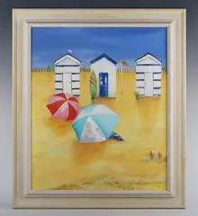 Brenda Brooks, Beach huts, oil on canvas-board