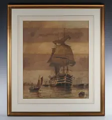 Warship at anchor with other vessels by William Edward Atkins, watercolour, sold Nov 2025