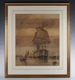 William Edward Atkins, Warship at anchor with other vessels, watercolour