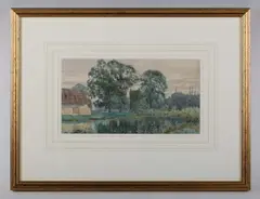 Robert Winchester Fraser, River scene with trees and church tower beyond, watercolour