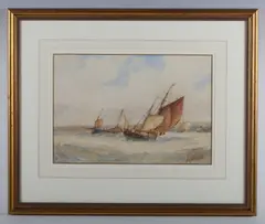 Frederick James Aldridge, Fishing boats off the coast, watercolour