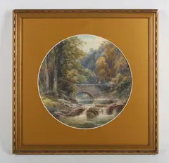 Frank Gresley, Figures on a bridge in a rocky river gorge; Children on the banks of a rocky woodland stream, a pair, watercolour