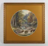 Frank Gresley, Figures on a bridge in a rocky river gorge; Children on the banks of a rocky woodland stream, a pair, watercolour