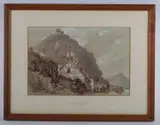 William Alfred Delamotte, Continental landscape with houses and figures on a quayside, watercolour