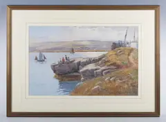 Warren Williams, Coastal scene with boys fishing from a rock, watercolour
