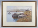 Warren Williams, Coastal scene with boys fishing from a rock, watercolour