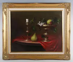 Jozsef Molnar, Still life of fruit, tazza and candlestick, oil on canvas