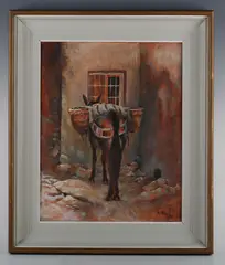 Matt Bruce, Donkey with panniers in a back street, oil on board