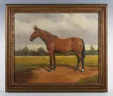 Richard Britton, Bay Irish cross thoroughbred hunter in a landscape, oil on canvas