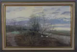 Maurice Raymond Sheppard, The Cleddau, Lichen, and Swans’: river landscape in winter, with swans nesting, 1984, oil on board