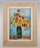 Martina Thomas Mellon, Still life of sunflowers in a green glass vase, oil on board