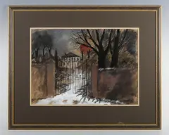 Tom Durkin, Gateway to a house in winter, probably Haworth, Yorkshire, gouache and mixed media