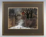 Tom Durkin, Gateway to a house in winter, probably Haworth, Yorkshire, gouache and mixed media