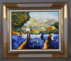 Labourers in a lavender field by Vittore Gandini, acrylic on canvas, sold Nov 2025