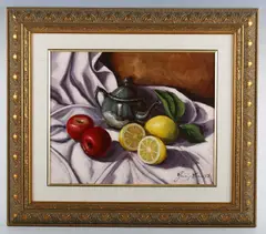 Giuseppe Cacciapuoti, Still life with fruit and teapot, oil on canvas