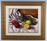 Giuseppe Cacciapuoti, Still life with fruit and teapot, oil on canvas