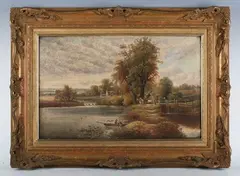 George Harris, River and canal scene with figure in a punt and horses on the towpath, 1913, oil on canvas