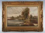 George Harris, River and canal scene with figure in a punt and horses on the towpath, 1913, oil on canvas