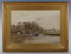 Henry Charles Fox, Sussex river scene, possibly the Arun at Amberley, 1909, watercolour heightened with bodycolour