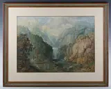 Charles Nicholls Woolnoth, Figures beneath a waterfall in a rocky river landscape, watercolour