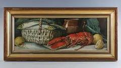 Arthur Dudley, Still life with lobster, fish, pottery and lemon, watercolour heightened with gum-arabic