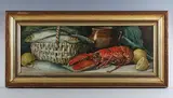 Arthur Dudley, Still life with lobster, fish, pottery and lemon, watercolour heightened with gum-arabic