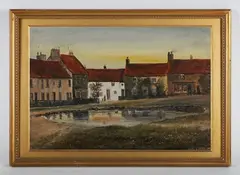Joseph Fulleylove, Heighington': two views of a village green with houses and pond, a pair, oil on board