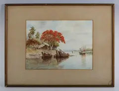 Eastern river scene by M.T. Hla, watercolour, sold Aug 2025