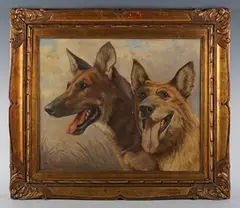 Jef Louis Van Leemputten, Head study of two Alsatian dogs, oil on canvas