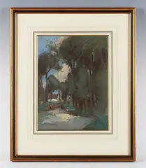 William Lee Hankey, View of a tree-lined road with two female figures and houses beyond, watercolour heightened with bodycolour